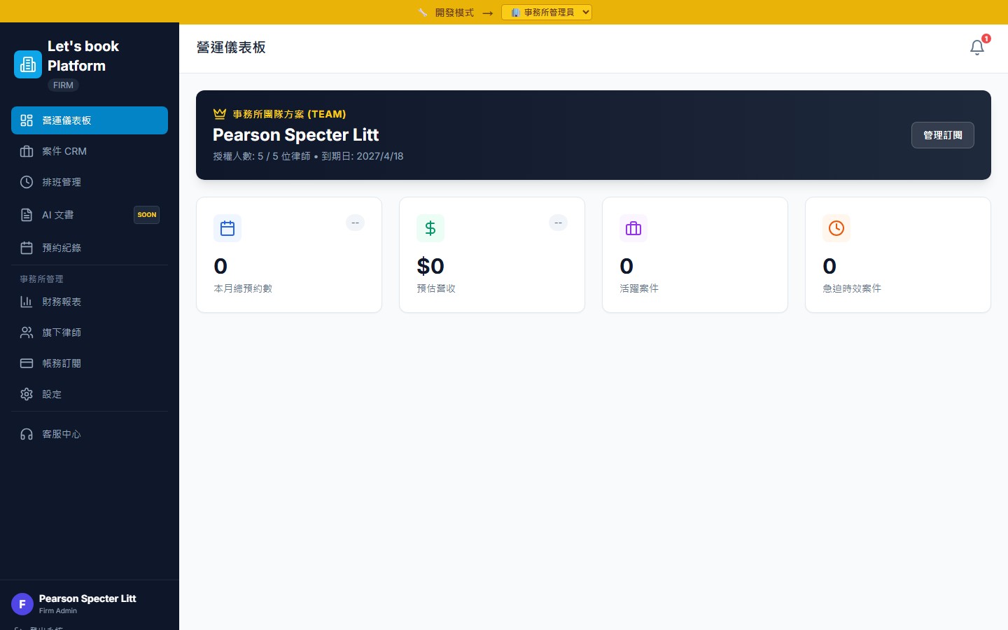 管理後台儀表板截圖